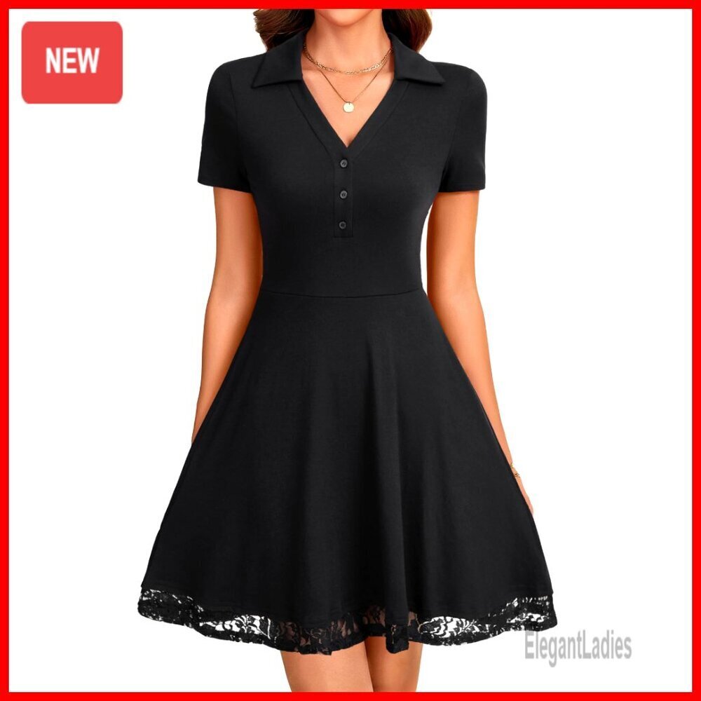 Button V Neck Short Sleeve Lace Trim A Line Mini Dress Casual